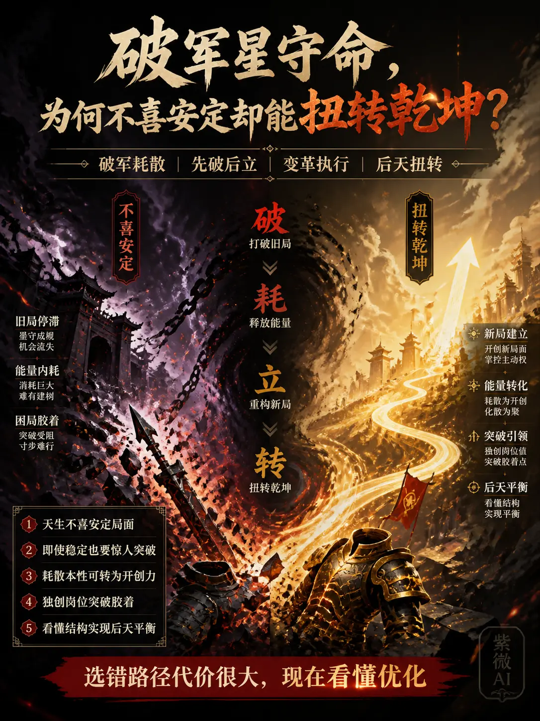 內心強烈不喜安定，即使局面不錯也容易想做出驚人改變，容易在穩定中感到壓抑，卻也擁有通過破壞舊格局來開創新局的潛力。 圖片