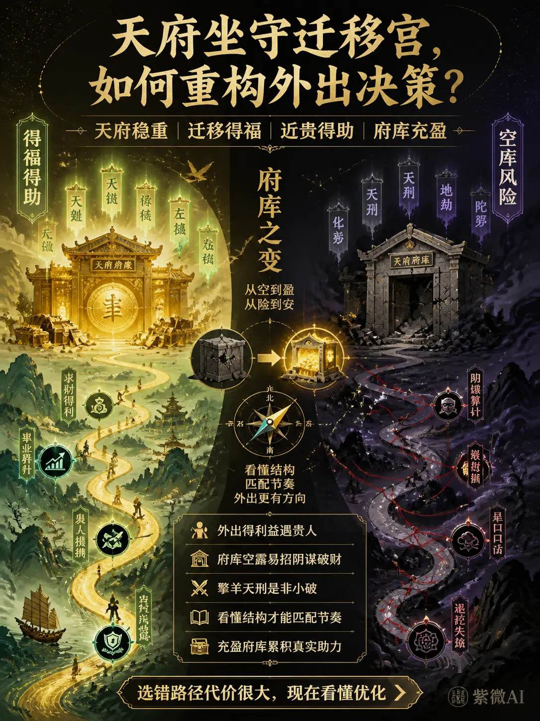 外出或換環境時容易遇貴人、得幫助，機會平穩，但如果“府庫空虛”（內心準備不足），又容易遇到陰謀、是非或小破財，導致決策充滿拉扯，需要主動匹配內在節奏才能實現穩健積累 圖片