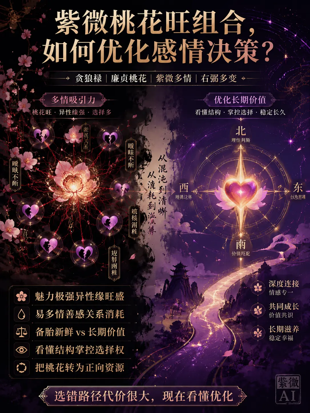 異性緣和魅力極強，容易吸引多段感情或激情，卻因多情善感、新鮮感驅使導致決策衝動、關係多波折和長期情感消耗，難以建立穩定長久的關係 圖片